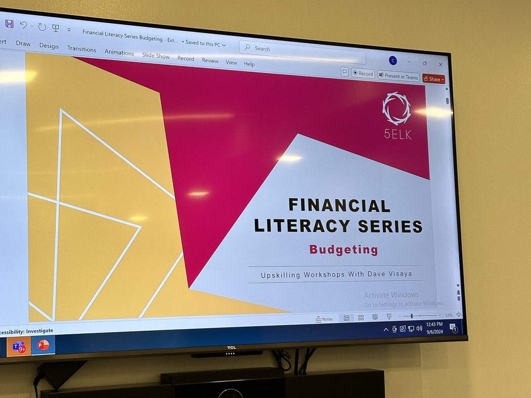 Title slide on screen: 5ELK Financial Literacy Series, Budgeting, Upskilling Workshops with Dave Visaya