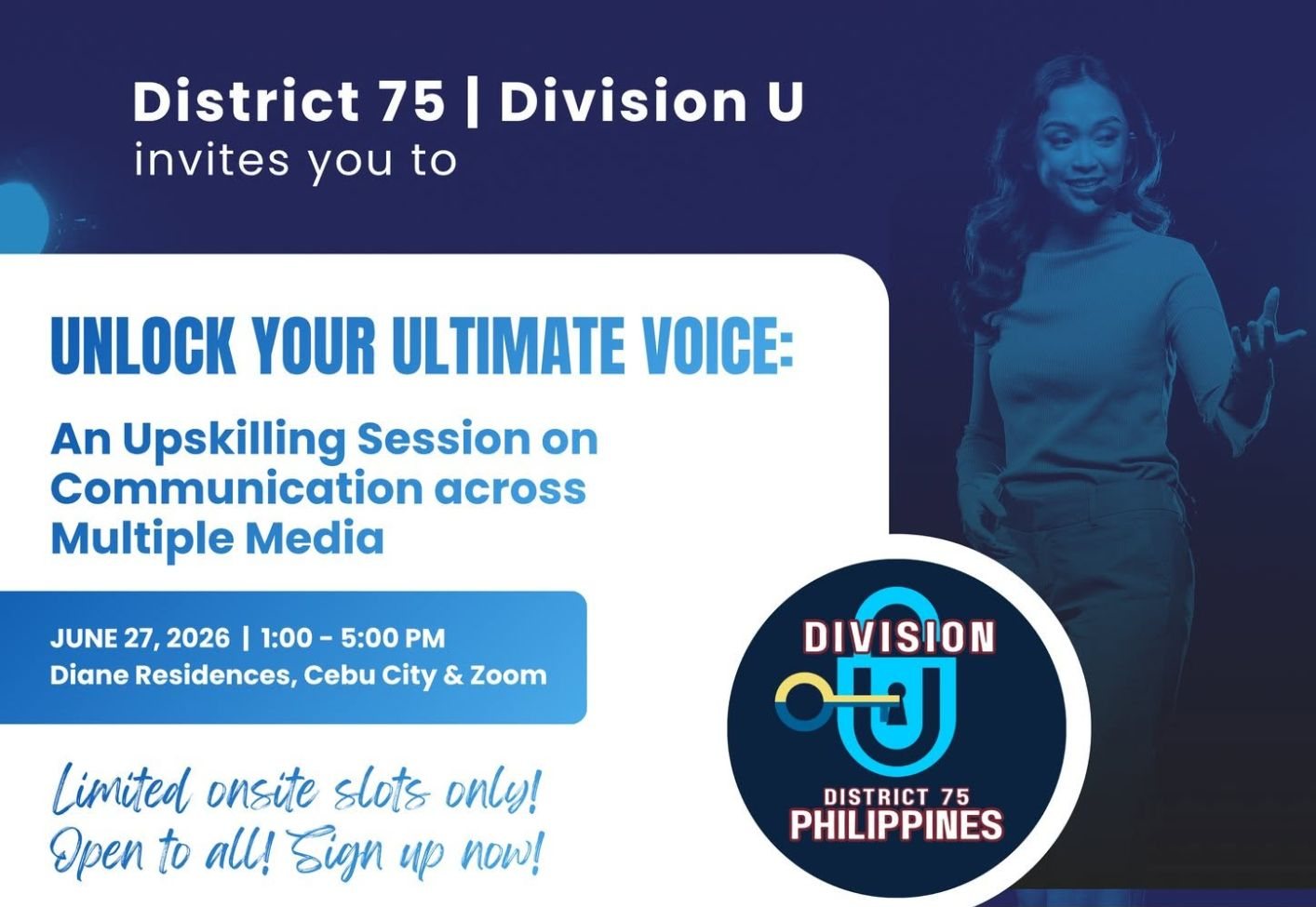 Event poster: District 75 Division U invites you to Unlock Your Ultimate Voice, an upskilling session on communication across multiple media, June 27, 2026, Diane Residences, Cebu City and Zoom
