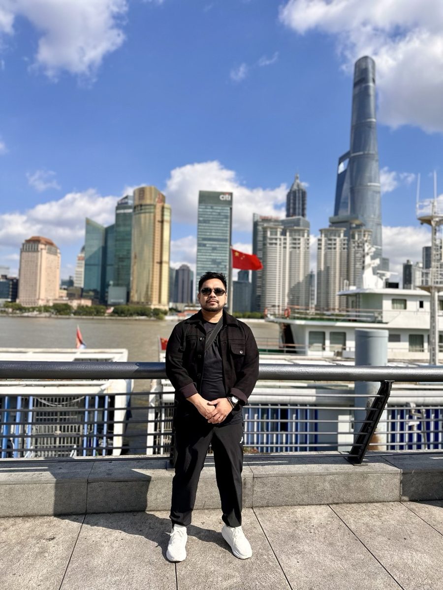 On the Bund in front of the Shanghai skyline